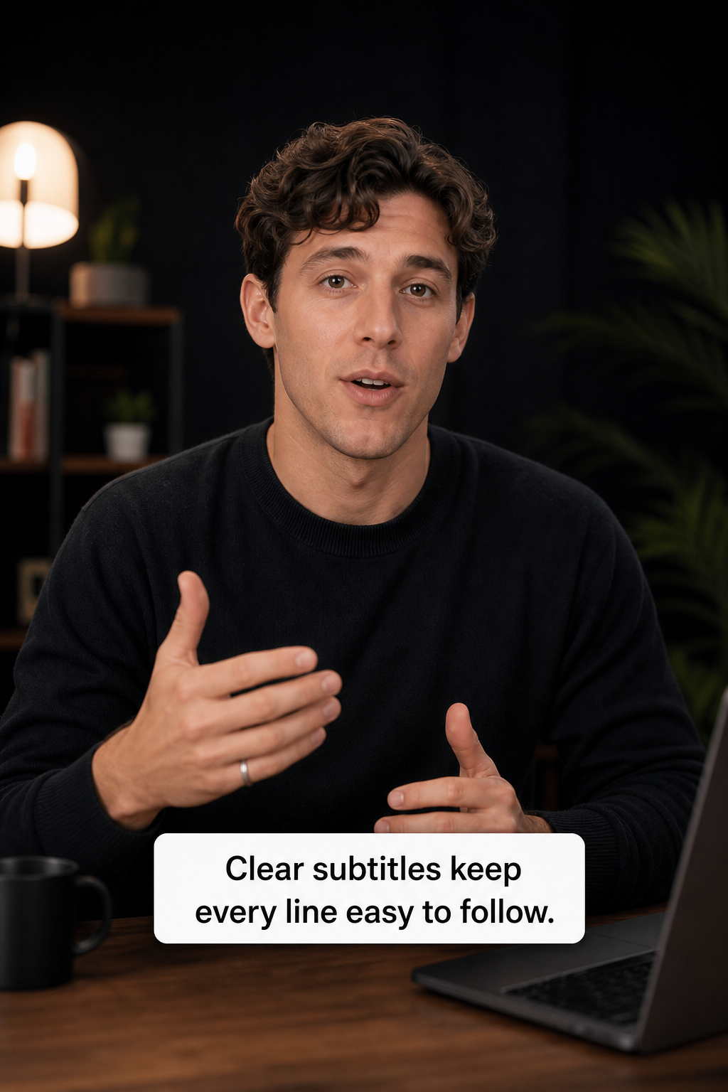 Creator speaking on camera with AI subtitle overlay