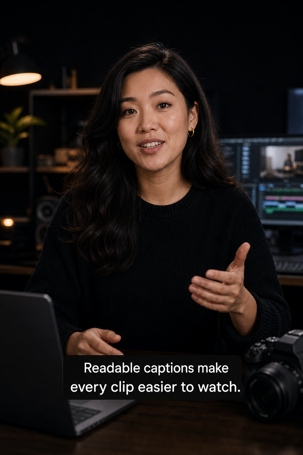 Creator speaking on camera with AI subtitle overlay